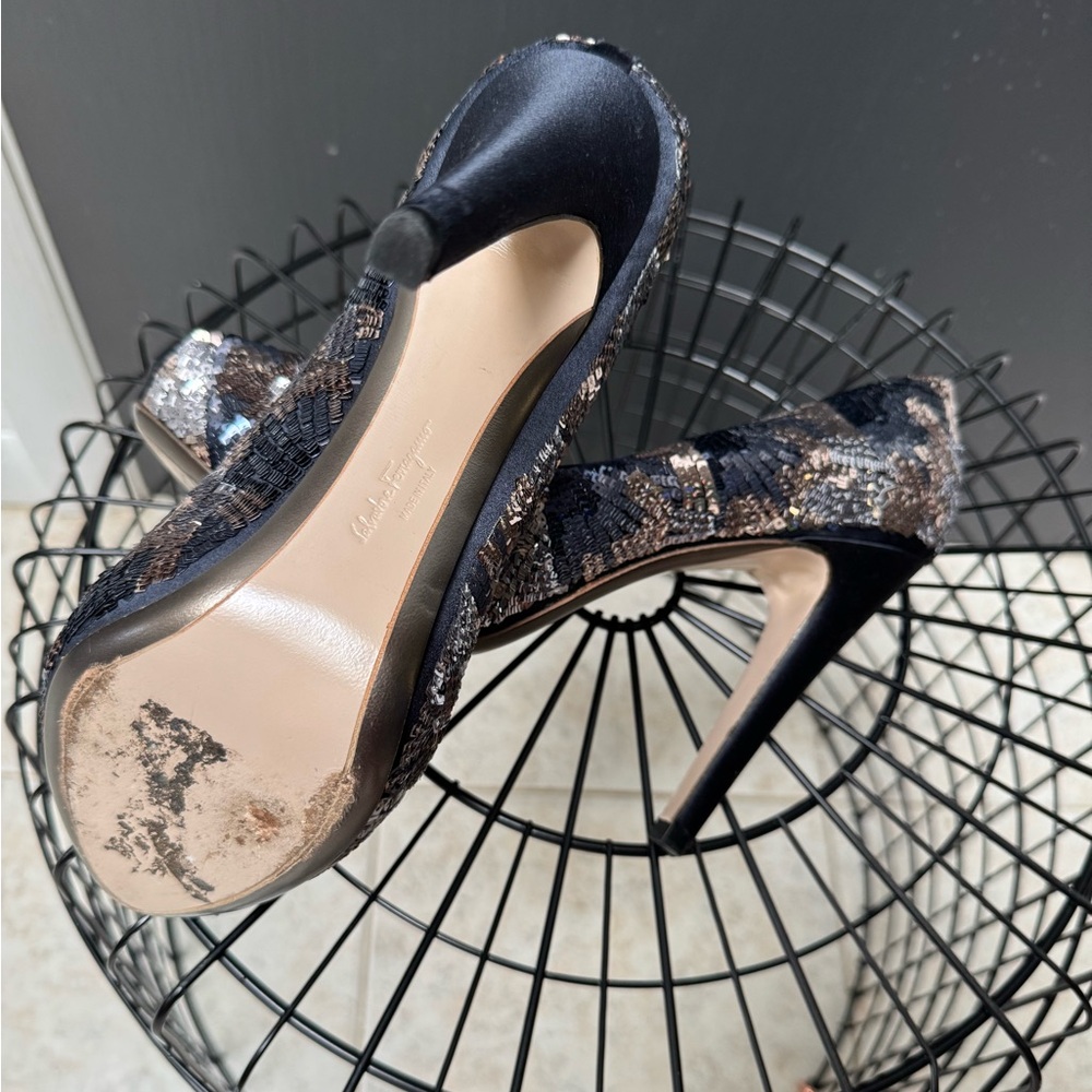 Salvatore Ferragamo Sequin Peep-Toe Heels - Navy and Metallic Size 9.5 - Picture 5 of 7